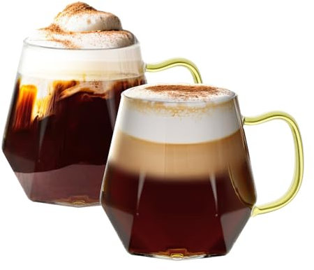 ANZHAN Glass Coffee Mugs 300ml with Handle, Set of 2 - Clear Coffee Cups Latte Glasses, Borosilicate Heat Resistant for Cappuccino, Espresso, Tea, Milk, Juice, Beer and Hot/Cold Beverages