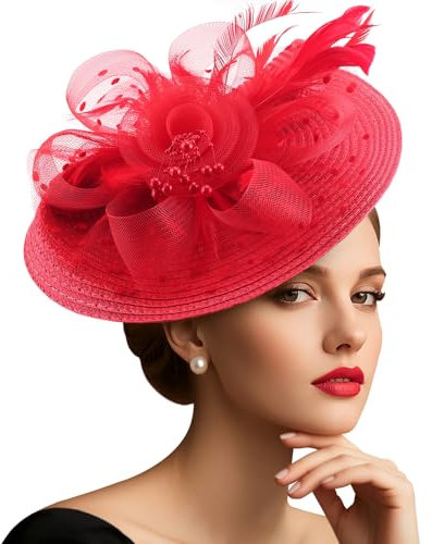 DRESHOW Mesh Damen Blume mit Perle Feder Fascinators Hut auf Einem Stirnband und Einem Gegabelten Clip Cocktail Tea Party Kopfbedeckung für Mädchen & Frauen Noble Kentucky Hut