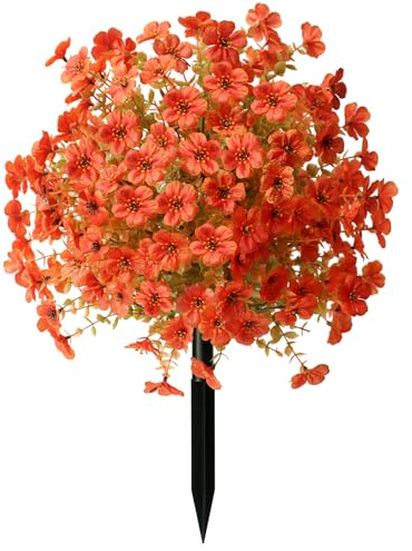 Artificial Flowers Plants for Autumn Outdoor Decor, 1PCS Artificial Boxwood Topiary Ball with Fall Artificial Orange Flowers with Ground Spikes, UV Resistant for Garden Front Porch Pathway Patio Yard