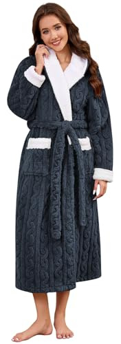 UMIPUBO Mujer Bata Invierno Albornoz con Capucha Polar de Invierno Larga Bata De Casa Baño Ducha Robe Acogedora Esponjoso Suave y con Bolsillos Cinturón Ajustable (Gris, M)