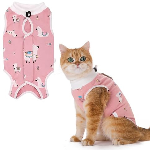 Henyall Cat Recovery Suit After Surgery,Breathable Cat Onesie,Anti-Licking Post-Op Clothes for Spay/Neuter,Soft Breathable Pet Medical Vest for Female Abdominal Wounds（M Size/Pink Alpaca Pattern）