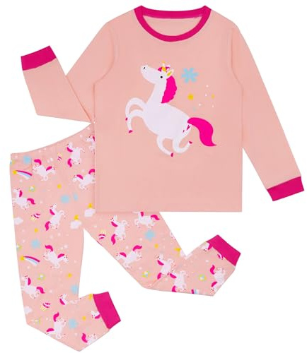 Hoseay Pijamas Niñas Unicornio, Algodón Manga Larga Conjuntos de Pijama, Camiseta y Pantalones Suaves 2 Piezas Ropa de Dormir, Casual Ropa Otoño para Infantil Edad 6-7 Años, Rosa