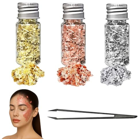 Hoja de oro, juego de 3 botellas de hojas de oro, papel de lentejuelas de imitación, multifunción, con pinzas para arte de uñas, pintura de oro, trabajos manuales y decoración(oro rosa, oro/plata)