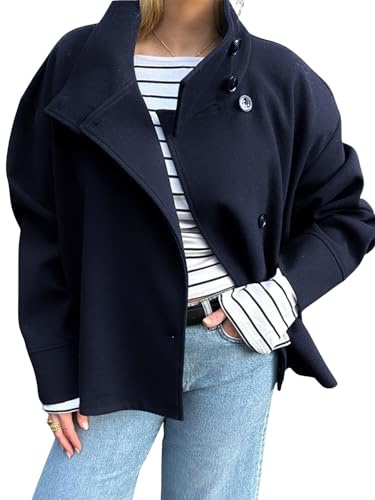 LIEROLYE Manteau Court en Laine pour Femme, Veste Blazers Courte À Simple Boutonnage Et Col Montant pour Le Bureau(Navy Blue,M)