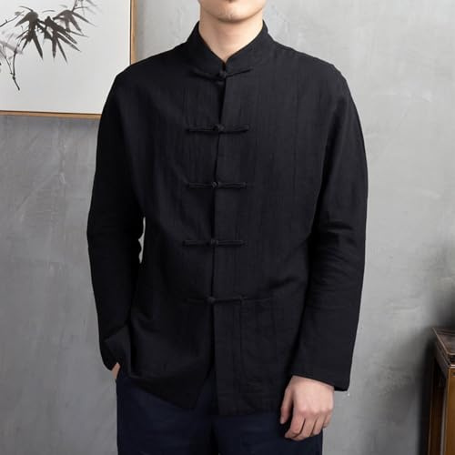 Veste chinoise à manches longues et col montant pour homme Kung Fu Tai Chi Tang Costume Style Chemise Manteau décontracté Convient pour les vacances et les vacances (3XL Noir)