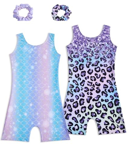 Tstiti Gymnastics Leotards for Girls 2 Pack Sparkly Kids Biketards Dance Unitards Matching Hair Scrunchies Leopard Print Fish Scales 3-4T