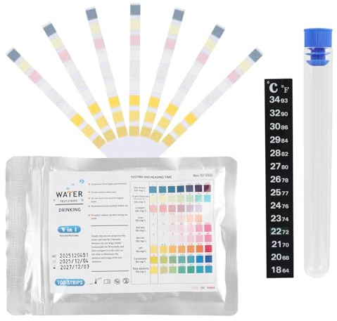 Cateye 100PCS 9-in-1 Aquarium Test Strips, Water Testing Kit with Plastic Tube and Thermometer Strip, Fish Tank Test Strips for Copper, Nitrite, Nitrate, pH, and More for Aquariums Fish Tanks Ponds