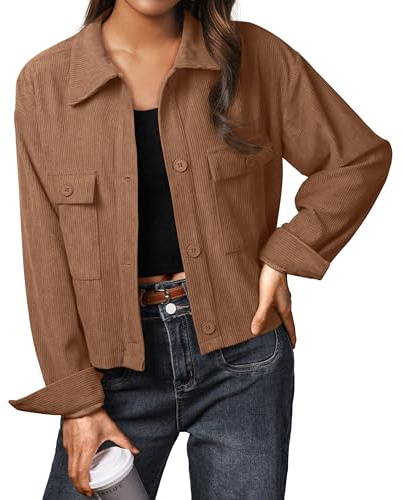 IWOLLENCE Giacca in velluto a coste, da donna, a maniche lunghe, con risvolto, marrone, XS