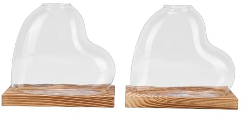 Oreilet Vase de Propagation en Forme Cœur 2 Pièces, Jardinière Hydroponique en Verre Borosilicate avec Base en Bois Massif pour Plantes D'intérieur comme la Plante Araignée Pothos (Brown)