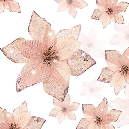 Lot de 36 Fleurs de Poinsettia artificielles à Paillettes - 3 Tailles - étoiles de Noël - Décoration pour Noël, Nouvel an, Maison, extérieur (Or Rose, 7,6 cm / 10 cm / 15 cm)