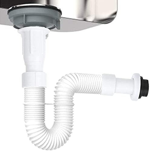 Flexible Drain Pipe, Universal Odor-Proof S Bend Water Down-Flow Pipe with Expandable Corrugated Design 37mm Stainless Steel PTFE Plastic Hose for Bathroom Vanity Sink Drain Plumbing