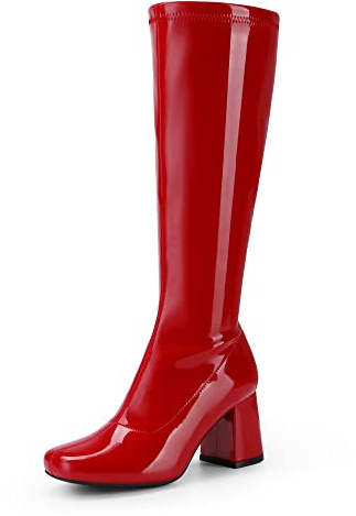 DREAM PAIRS Women's Gogo Boots Square Toe Chunky Wide Calf Knee High Boots,Size 7.5,Red/Patent/Pu,SDKB2231W