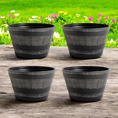 Faboer Set of 4 Wooden Oak-Effect Half Barrel Flower Planters Pot – Stylish & Traditional Wooden Garden Pots for Outdoor Decoration Home Garden