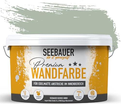 SEEBAUER diy Wandfarbe Grün 2,5L für Innen (No. 766 Ocean Grass) Edelmatte Innenfarbe Salbei Grün - Grüntöne sehr hohe Deckkraft - Matt, Abwaschbar und Tropffrei
