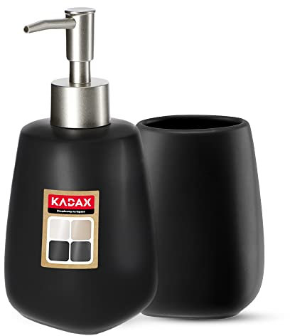 KADAX Lot de 2 pièces en céramique pour salle de bain – Distributeur de savon, gobelet, porte-savon et brosse de toilette (tasse et distributeur noir)