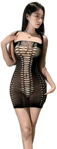 Bommi Fairy Robe Bodycon Sexy pour Femme en Dentelle de Filet avec Décolleté Mini Bodysuit Col Rond Teddy Poitrine Jupe Courte à Nouer, Noir , XS-XXL