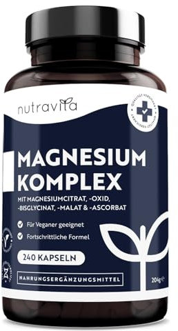 Magnesio Completo 1146 mg – 240 Capsule Vegane Ad Alto Dosaggio - 400 mg di Magnesio Elementare per Dose Giornaliera - a base di 5 Composti Bisglicinato, Citrato, Malato, Ossido, Ascorbato - Nutravita
