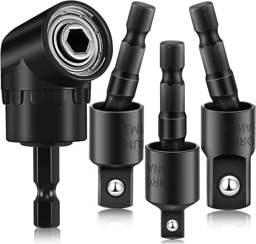 3 adaptadores de taladro de ángulo recto, extensión de taladro 4 en 1, rotación de 360°, 1/4 3/8 1/2, juego de adaptadores de llave de impacto, destornillador de ángulo de 105 grados