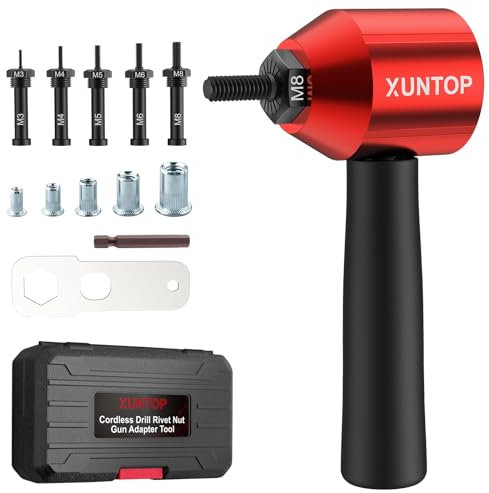XUNTOP Remachadora Electrica Remachadora de Tuercas con 40PCS Accesorios de Tuerca Adaptador de Remaches Electrico con 5 Mandriles M3 M4 M5 M6 M8 para Reparaciones de Bricolaje, Mecánica y Automoción