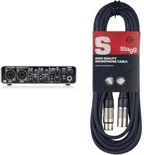 Behringer U-PHORIA UMC204HD Audiophile 2x4, interfaz de audio/MIDI USB de 24 bits/192 kHz & Stagg Cable de micrófono a mezclador Stagg SMC6 XLR (m) -XLR (f) de 6 metros de largo, negro