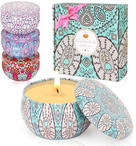 Scented Candles Gift Set for Women Men, Aromatherapy Candle Set Soy Wax 4 Pcs,Stress Relief Fragrance Candle Tea Lights Lavender,Blue Bell,Wood Sage&Sea Salt for Birthday/Valentine's Day/Christmas