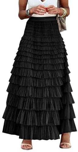Flygo Women's Long Maxi Tulle Skirts A Line Ruffle High Waisted Tiered Layered Mesh Tutu Skirt Petticoat(Black-XL)