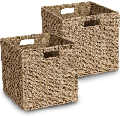 Aluusy Set di 2 Cesto Portaoggetti Intrecciato Grande, Cesto Intrecciato Quadrato in Erba Marina, Grande Cestino Vimini Pieghevole 30x30x30 cm, Cestino Quadrato per Kallax Bagno Scaffale