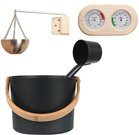 Seau en aluminium, kit complet d'accessoires de sauna pratique – Comprend thermomètre, hygromètre, sablier, seau de sauna et louche, support d'aromathérapie – Outils de sauna indispensables pour la