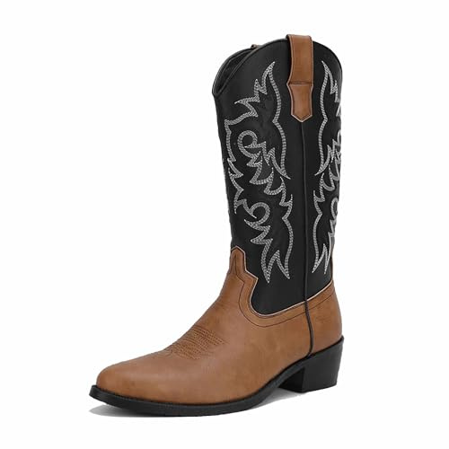 Botas Vaqueras para Hombres Puntera Afilada Botas De Trabajo Bordado Botas Western Bota Country Tradicional,Marrón,43 EU