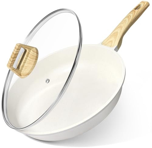 GiPP Sartén Antiadherente de Cerámica con Tapa，Sartenes para freír Saludable y No Tóxica,Compatible con Inducción,Libre de PFAS y PFOA,Apta para Lavavajillas（Blanco,30CM+Tapa）