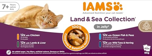 IAMS Cibo umido per gatti Senior Land and Sea Collection - Multipack con varietà di carne e pesce in gelatina, cibo umido per gatti anziani dai 7 anni, 48 x 85 g