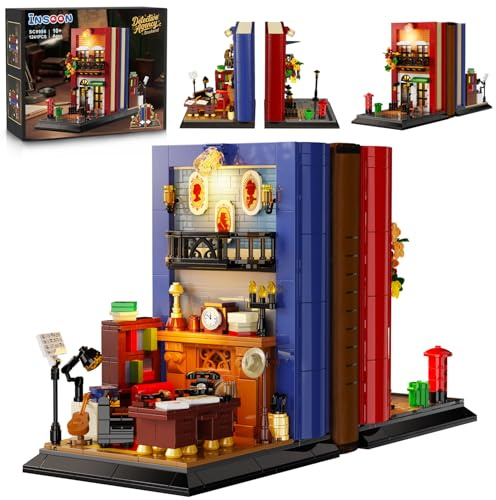 INSOON Detective Bookend Building Set with Lights, 1241 PCS Detective Agency Street House Building Block Kit for Home Decor Bookshelf, Collectible Mystery Bookstand Model for Adults Boys Girls Age 12+