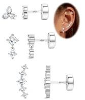 Adramata 3 Paia Orecchini Argento 925 Donna Brillanti Orecchino a Bottone Piccolo Piercing Orecchio Cartilagine Piercing Trago Helix Anallergici