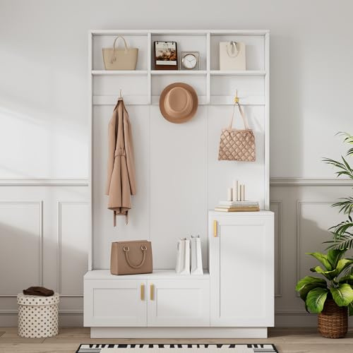 sogesfurniture Ensemble vestiaire avec banc et étagère à chaussures, banc de rangement multifonctionnel avec 3 crochets suspendus et espace de rangement ouvert, rangement rectangulaire et étagères