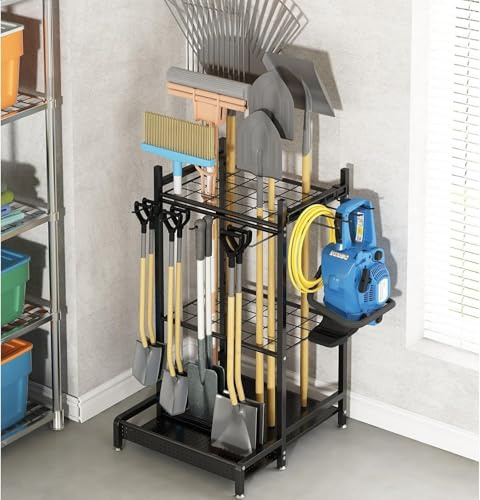 Mayhug 3-Tiers Garden Tool Organizer, Utility Storage Racks for Garage, Metal Yard Tool Stand Holder Organizer with Hooks, Sturdy Heavy Rack Outdoor Yard for Long-Handled, Broom, Shovel, Rake, Black