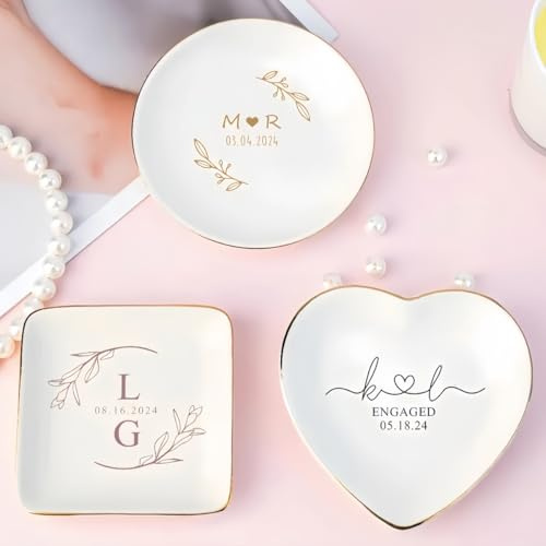 HDLOVE Plateau À Alliances Personnalisé, Plateau À Bijoux Personnalisé Avec Nom Et Date, Porte-alliances De Mariage, Porte-alliances En Céramique for Mariage, Assiette Décorative