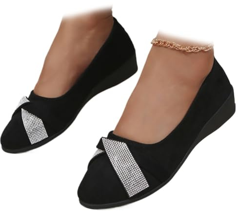 Zapatos de tacón bajo para mujer, ligeros, modernos, con diamantes de imitación, cómodos, ortopédicos, de ajuste ancho, elegantes, para bodas, fiestas, noche, Black, 36.5 EU