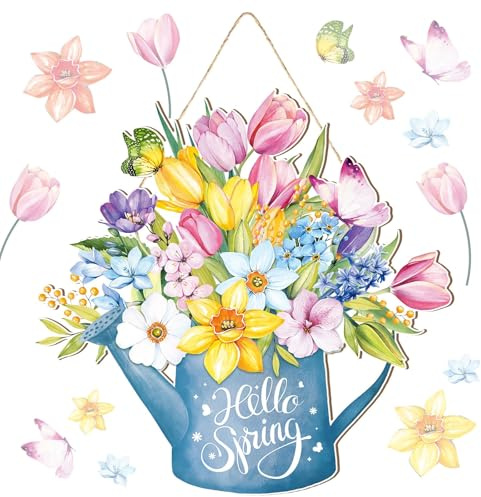 Primavera Cartello Decorativo, Spring Cartello in Legno, Spring Door Sign, Decorazione Porta Primavera, Decorazioni da Appendere Hello Spring, con Cordino e Fiori, per Interno Esterno (B)