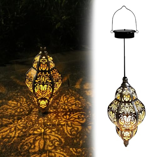 SGZIOO Lanterne Solari da Esterno, Appendere Lanterna Solare da Estern, Lampade Solari da Giardino Metallo, Impermeabile IP44, Luce Bianca Calda orientale per Balcone, Terrazza, Albero e Patio