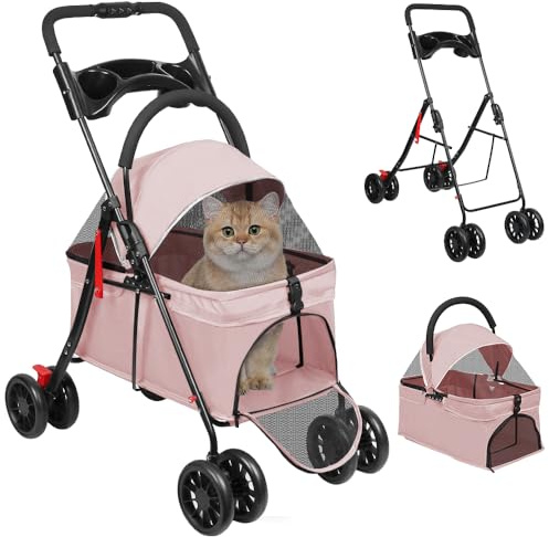 3-en-1 Poussette pour Chien Chat avec Panier de Rangement,4 Roues,Poussette Pliable pour Chien,Léger et Pratique Amovible, jusqu'à 35 kg,(G) 97 x 49 x 69 cm – Rose