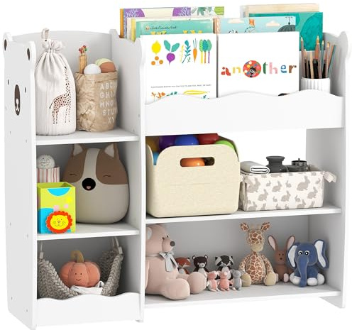 AIYAPLAY Estantería Infantil para Juguetes con Estantes Abiertos, Compartimentos, Diseño de Ositos, Organizador de Juguetes para Dormitorio, Sala de Juegos, Guardería, Blanco