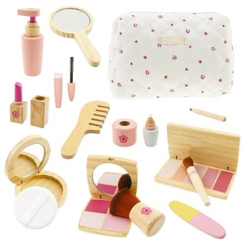 Juegos De Maquillaje De Madera For Niños, Juego De Maquillaje De 15 Piezas, Cepillo, Espejo Y Estuche De Cosméticos Adecuado For Juegos De Roles