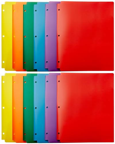 Amazon Basics Plastic 3 Hole Punch Folders with 2 Pockets for Documents, Letter Size 8.5 x 11 inches, School Supplies, Assorted Colors, Pack of 12