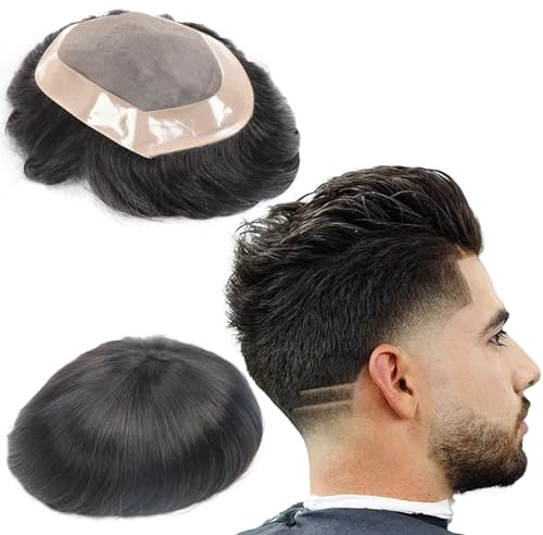lumeng Toupee for Men Hair Replacement System Real Human Hair 5x7 Inch Mono Lace Base Durable Mens Hairpiece for Thinning Color 1B Off Black Hair Unit for Men Mens Hairline Toupee