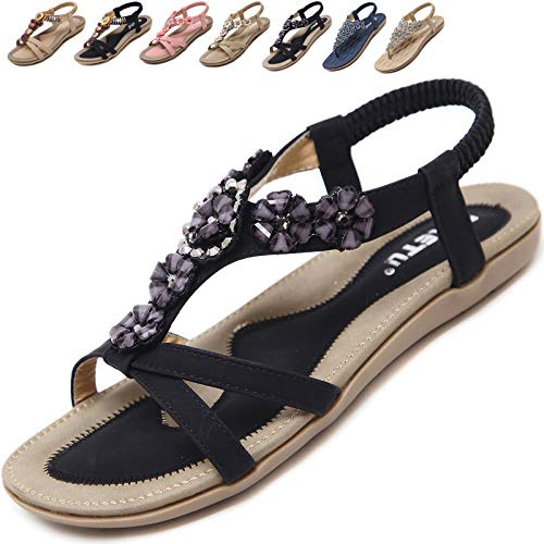Acfoda Sandales Femme Été Confortable Plats Nu Pieds Cuir Tong de Plage Mode Claquettes Bout Ouvert avec Strass Noir 43 = FabricantTaille 44