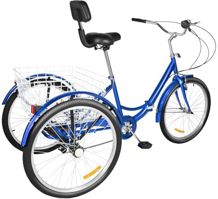 Trehjuling för vuxna, 24 tums lastcykel, 3-hjulscykel, 7 växlar, vuxen, trehjuling för rekreation, shopping, sport, män, kvinnor, cykel, vuxna, föräldrar och familj (blå)