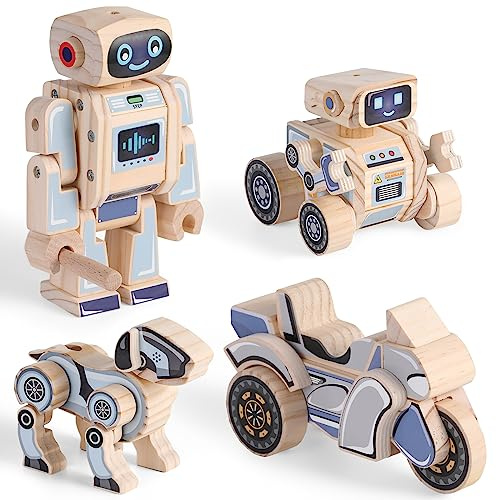SainSmart Jr. 4-in-1 STEM Kits, Wooden Robot Assembly Toy Set, Woodworking Crafts Projects for Kids, Gift for Boys and Girls