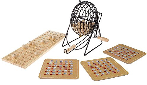 Hey! Play! Deluxe Bingo Game with Metal Ball Spinner, Wooden Bingo Balls, Wood Master Board, and Different Shutter Bingo Cards for Up to 8 Players