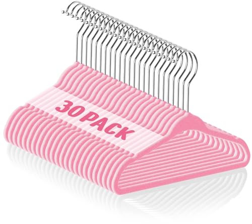 HOUSE DAY 30er Set Kinderkleiderbügel aus Samt,28cm Kleiderbügel Kinder mit Gekerbtem Design,Ultradünn, Platzsparend Baby Kleiderbügel, 360 Grad Drehhaken, rutschfeste,Rosa