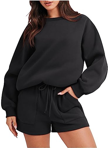 HAOLEI Tracksuit Womens Full Set Shorts Sale 2 Piece Outfits Set Plain Pullover Sweatshirts and Shorts Joggers Loose Fit Activewear Sweat Pants Casual Sports Sweatsuit Lounge Wear Sets UK Clearance
